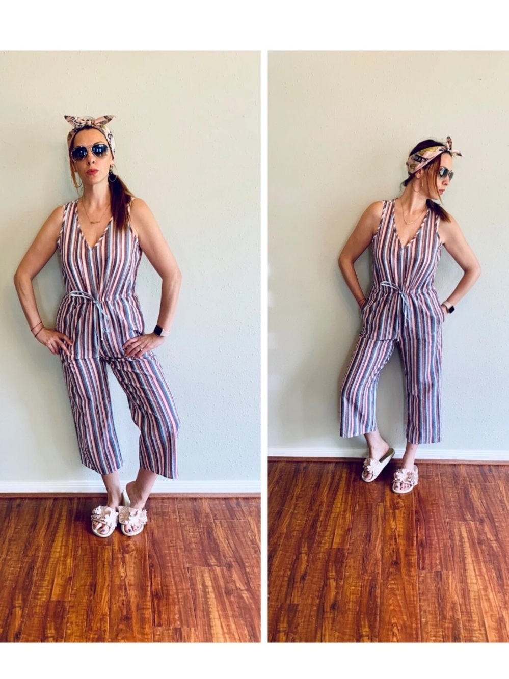 DREW Striped Sleeveless V-Neck Jumpsuit Wide Leg Anthropologie